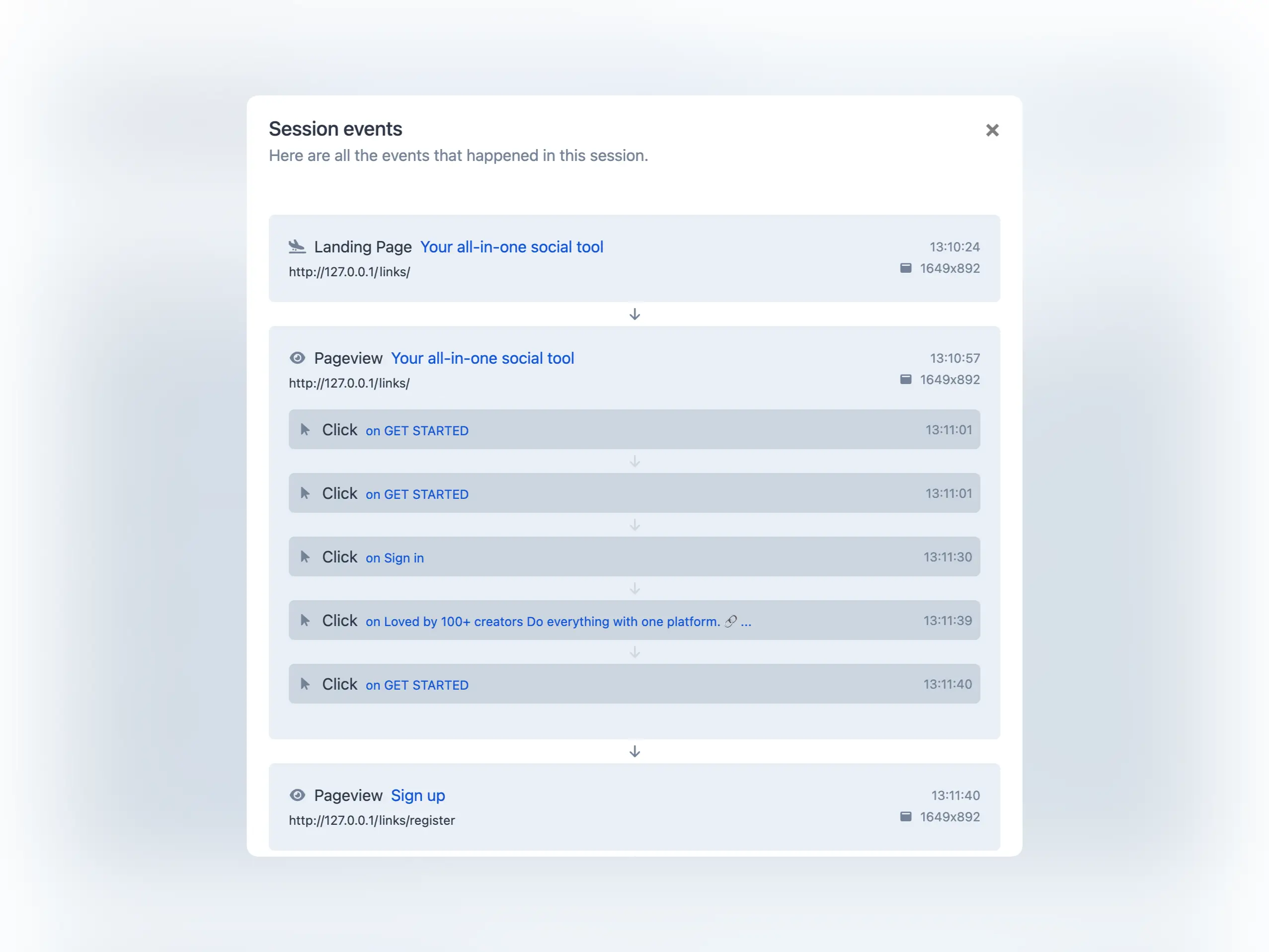 Screenshot of the app visitor events list page