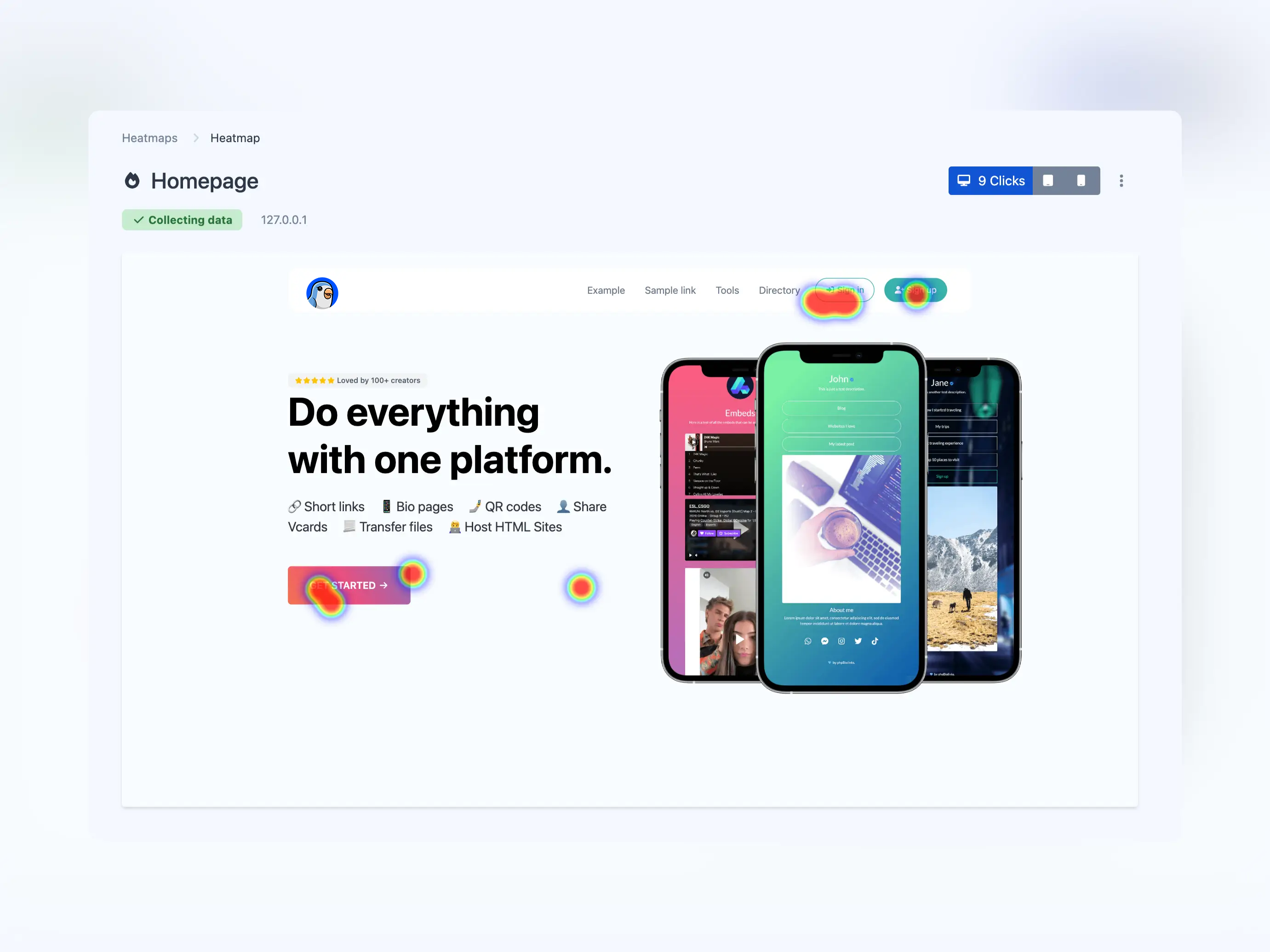 Screenshot of the app heatmaps page